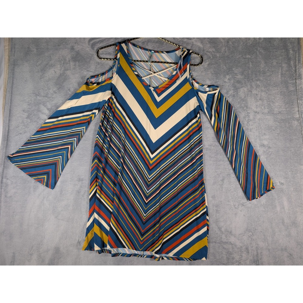 Auditions Women Multicolor Chevron Stripe Cold Shoulder Bell Sleeve Dress Medium